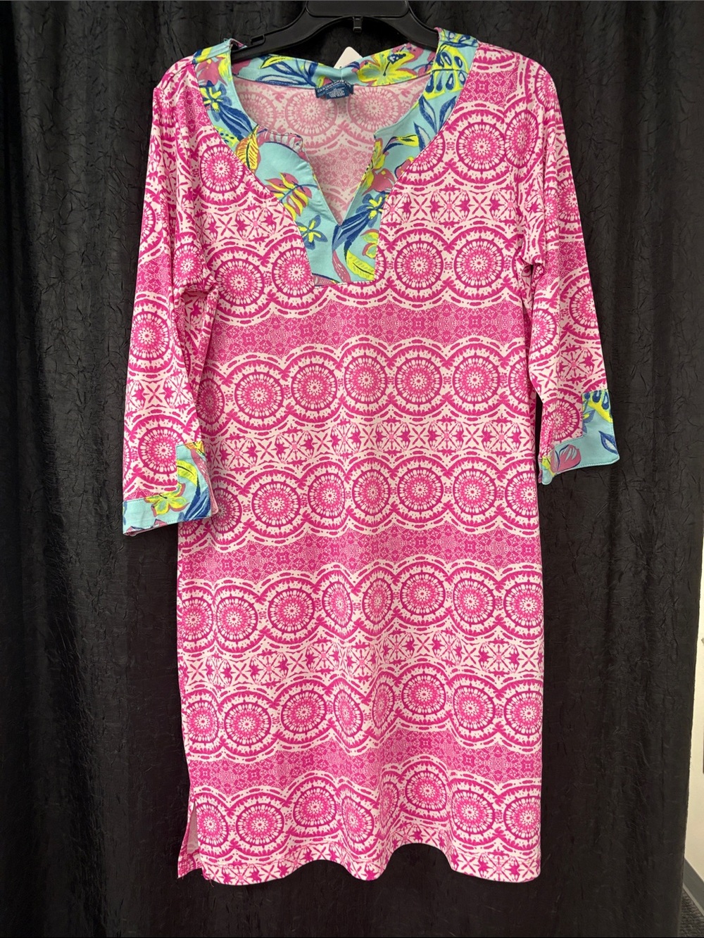 Pink Printed Shift Dress with Blue Trim